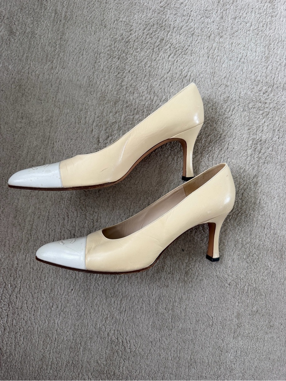 CHANEL Two-Tone Ivory and White Pointed Toe Pumps
